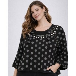 VTG 90s Womens Sweater M Black Polka Dot Poncho Cape Embellished Retro Artsy Y2K